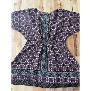 Fei 100% Silk Short Sleeve Top Tunic V Neck Fit & Flare Bohemian Size XS